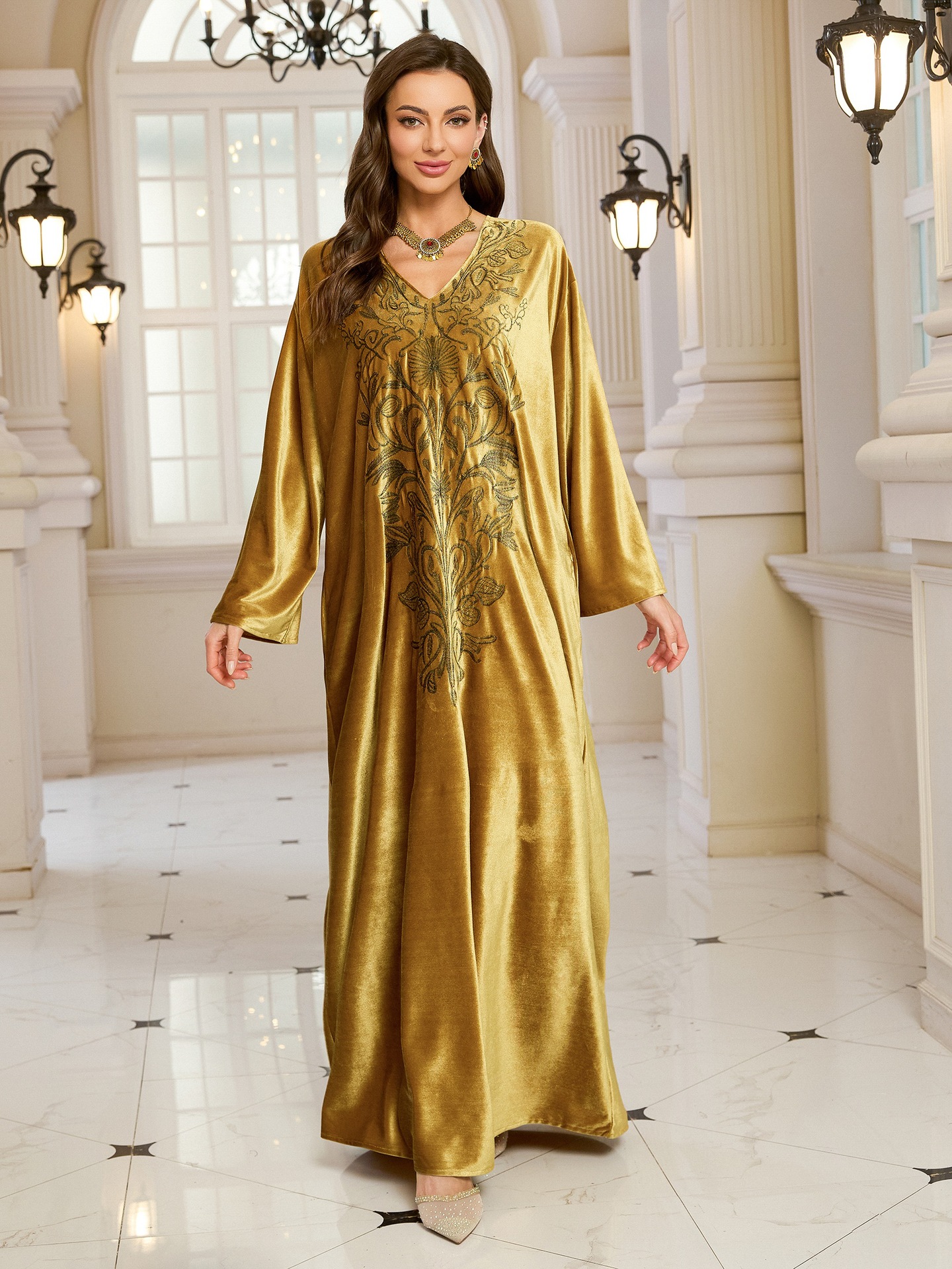 Elegant Embroidered Kaftan Dress Beach Bathing Suit Cover up Long Maxi Dress
